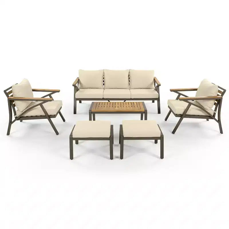 Ensemble de canapé d'angle 6 pièces Whisen pour patio, salon de jardin avec canapé 3 places, 2 fauteuils, 2 poufs, table basse
