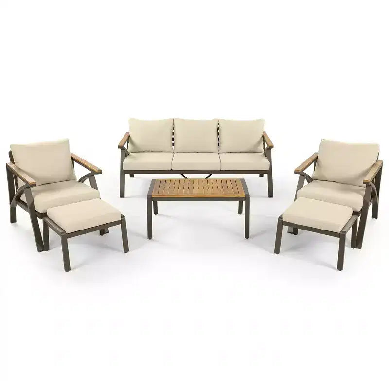 Ensemble de canapé d'angle 6 pièces Whisen pour patio, salon de jardin avec canapé 3 places, 2 fauteuils, 2 poufs, table basse