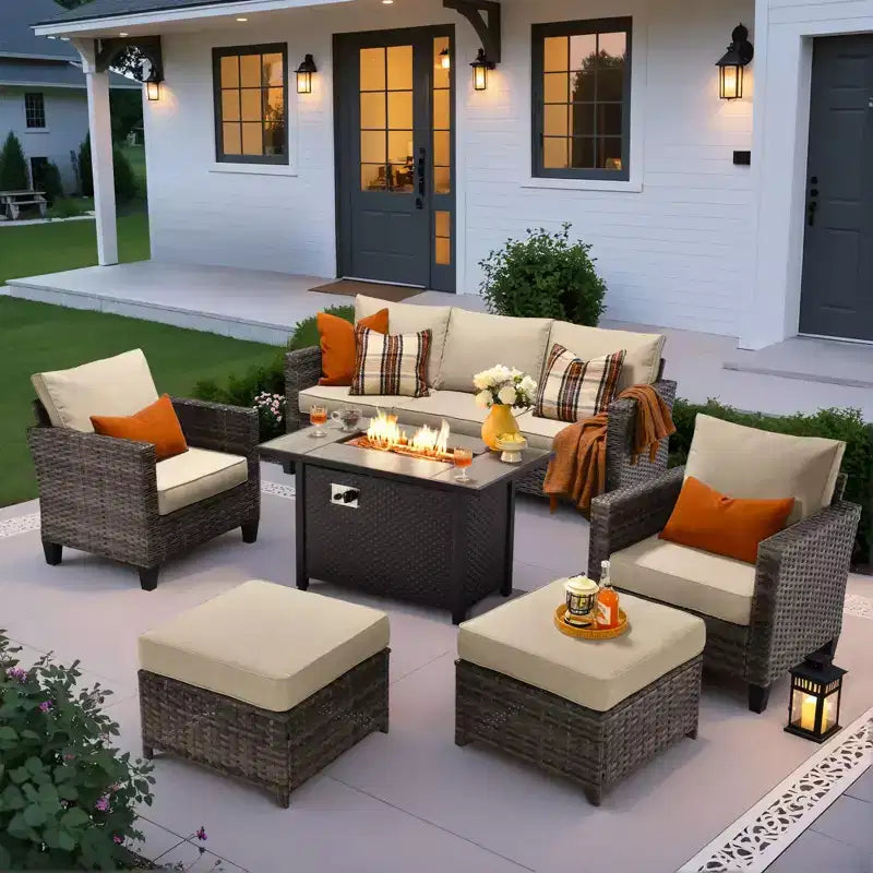 Ensemble de patio HOMLUX 6 pièces avec brasero en acier de 42 po, canapé 3 places, chaises simples et poufs