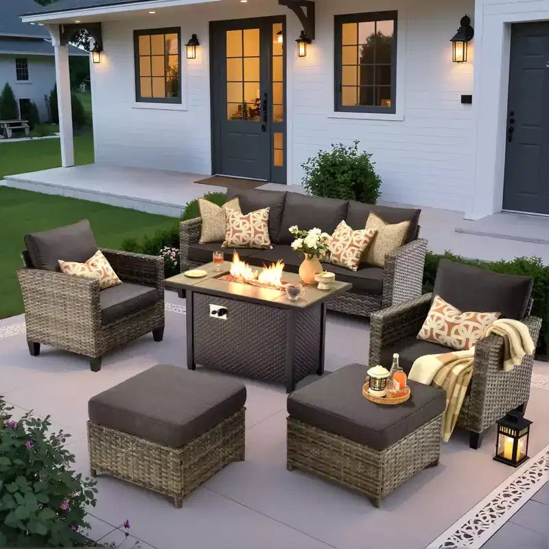 Ensemble de patio HOMLUX 6 pièces avec brasero en acier de 42 po, canapé 3 places, chaises simples et poufs