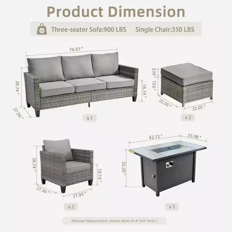 Ensemble de patio HOMLUX 6 pièces avec brasero en acier de 42 po, canapé 3 places, chaises simples et poufs