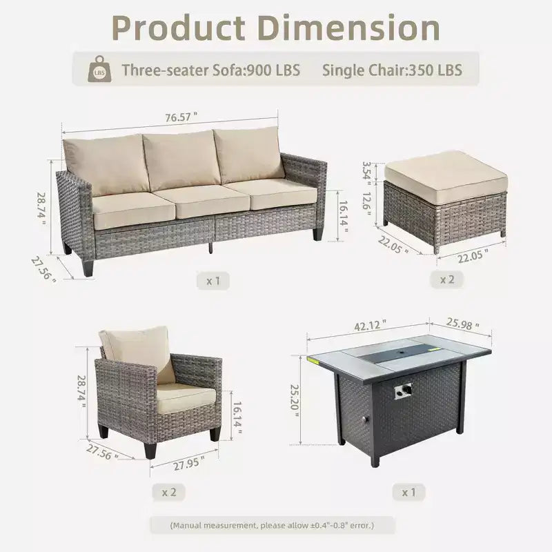 Ensemble de patio HOMLUX 6 pièces avec brasero en acier de 42 po, canapé 3 places, chaises simples et poufs