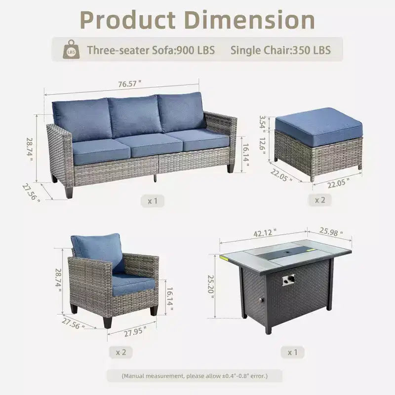 Ensemble de patio HOMLUX 6 pièces avec brasero en acier de 42 po, canapé 3 places, chaises simples et poufs