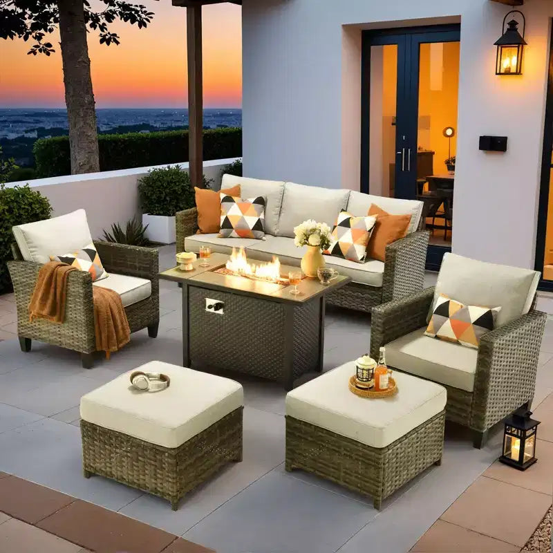 Ensemble de patio HOMLUX 6 pièces avec brasero en acier de 42 po, canapé 3 places, chaises simples et poufs