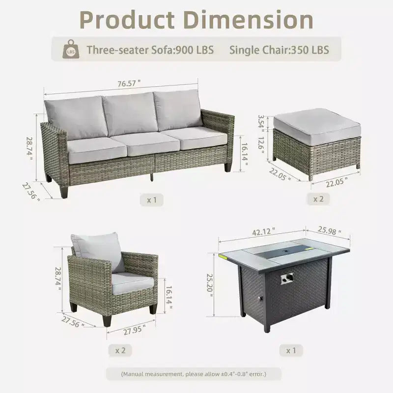 Ensemble de patio HOMLUX 6 pièces avec brasero en acier de 42 po, canapé 3 places, chaises simples et poufs
