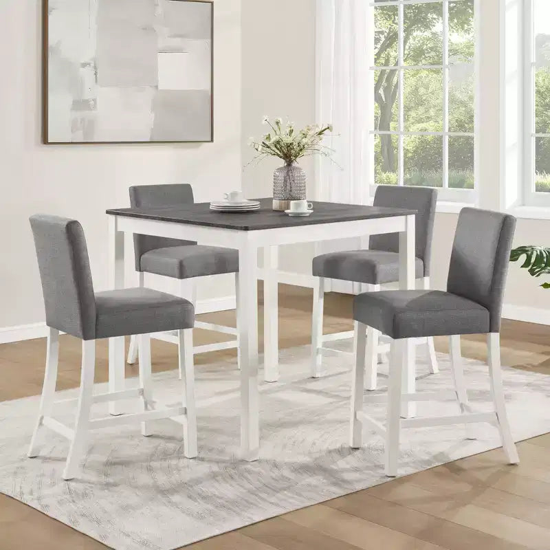 GDFStudio Roseanne 5 Piece Modern Rubberwood Counter Height Dining Table Set with 4 Linen Upholstered Chairs