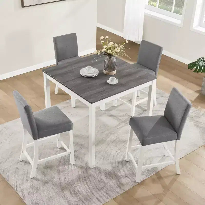 Ensemble de salle à manger moderne GDFStudio Roseanne 5 pièces en bois d'hévéa hauteur comptoir avec 4 chaises rembourrées en lin