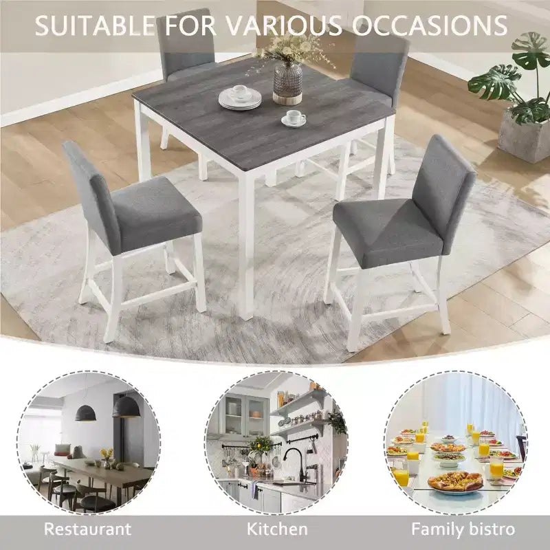 Ensemble de salle à manger moderne GDFStudio Roseanne 5 pièces en bois d'hévéa hauteur comptoir avec 4 chaises rembourrées en lin