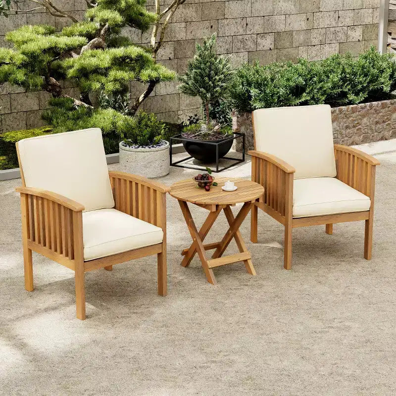 Modern Outdoor Small Space Chat Set, Acacia Wood Club Chairs with Foldable End Table for Garden, Deck & Backyard-Panipeachy
