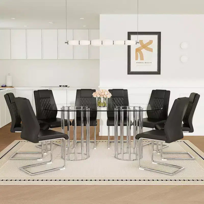 Ensemble de salle à manger GDFStudio Arvion 8 personnes en verre et métal avec chaises rembourrées en similicuir