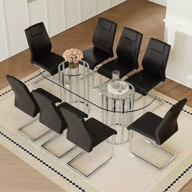 Ensemble de salle à manger GDFStudio Arvion 8 personnes en verre et métal avec chaises rembourrées en similicuir