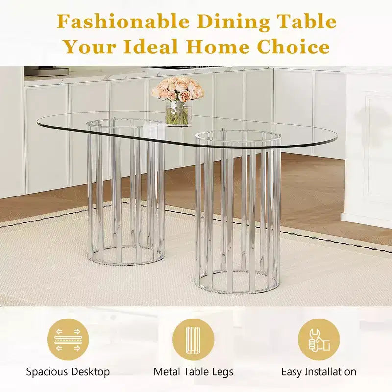 Ensemble de salle à manger GDFStudio Arvion 8 personnes en verre et métal avec chaises rembourrées en similicuir