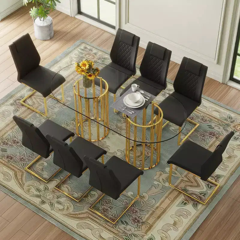 Ensemble de salle à manger GDFStudio Arvion 8 personnes en verre et métal avec chaises rembourrées en similicuir