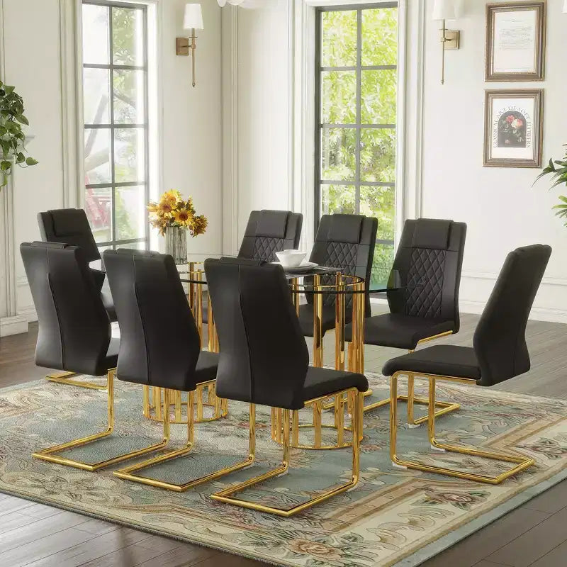 GDFStudio Arvion 8-Person Glass and Metal Dining Set with Faux Leather Upholstered Chairs