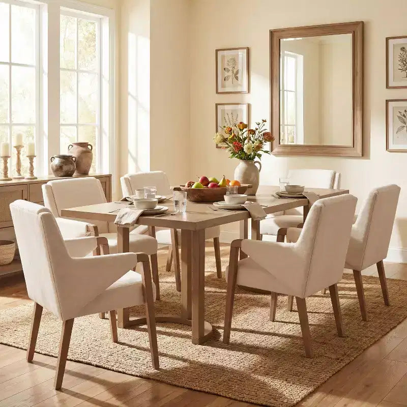 Christopher Knight Home Harish Ensemble de salle à manger moderne 7 pièces en bois d'hévéa rembourré en lin avec table rectangulaire
