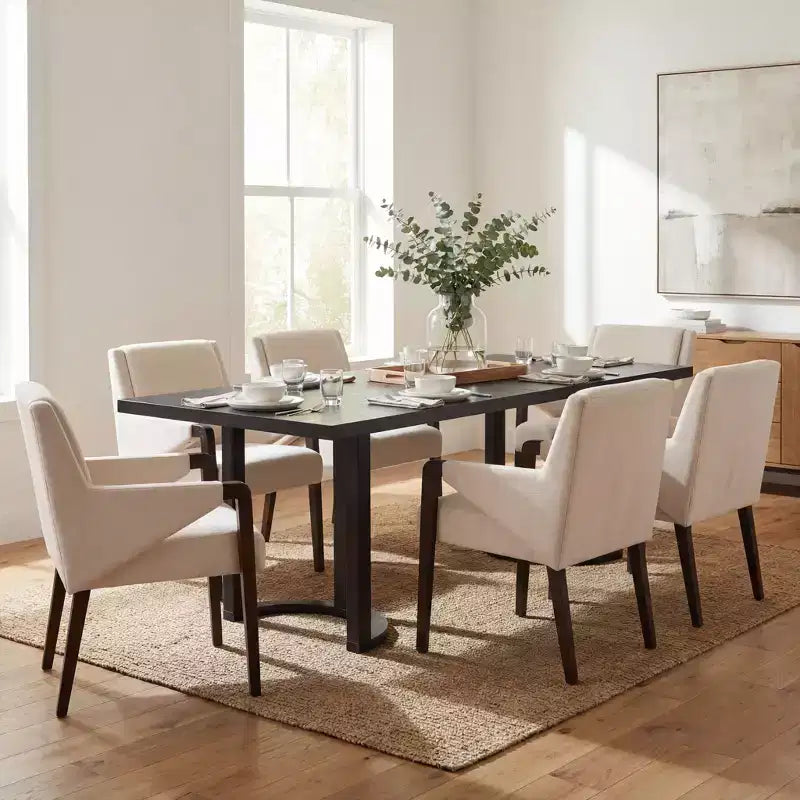 Christopher Knight Home Harish Ensemble de salle à manger moderne 7 pièces en bois d'hévéa rembourré en lin avec table rectangulaire