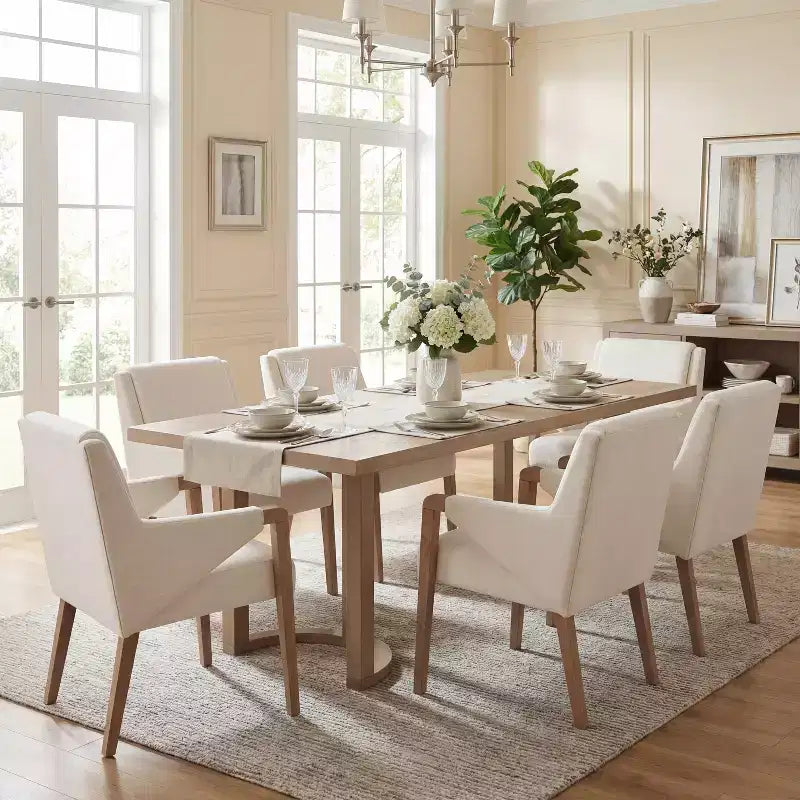 Christopher Knight Home Harish Modern 7 Piece Rubberwood Linen Upholstered Dining Set with Rectangular Table