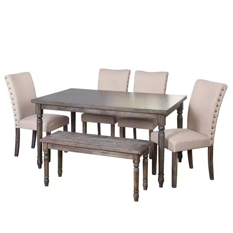 Buylateral 6pc Burntwood Parson Dining Set with Bench Weathered Gray: Rubberwood, Upholstered Chairs