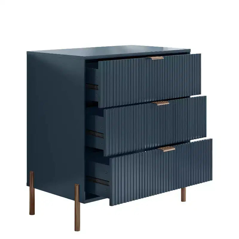 Festivo Lot de 3 tables de chevet 3 tiroirs et commode 3 tiroirs bleu marine au design moderne et élégant