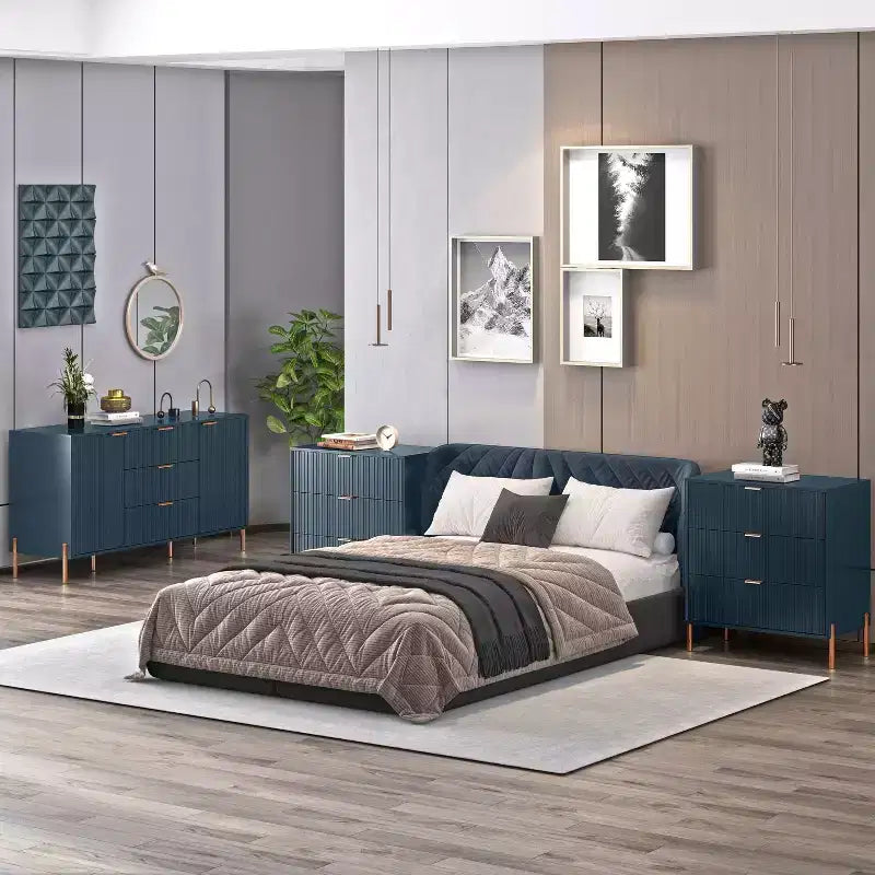 Festivo Lot de 3 tables de chevet 3 tiroirs et commode 3 tiroirs bleu marine au design moderne et élégant