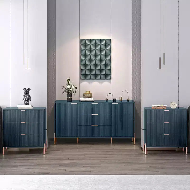 Festivo Lot de 3 tables de chevet 3 tiroirs et commode 3 tiroirs bleu marine au design moderne et élégant