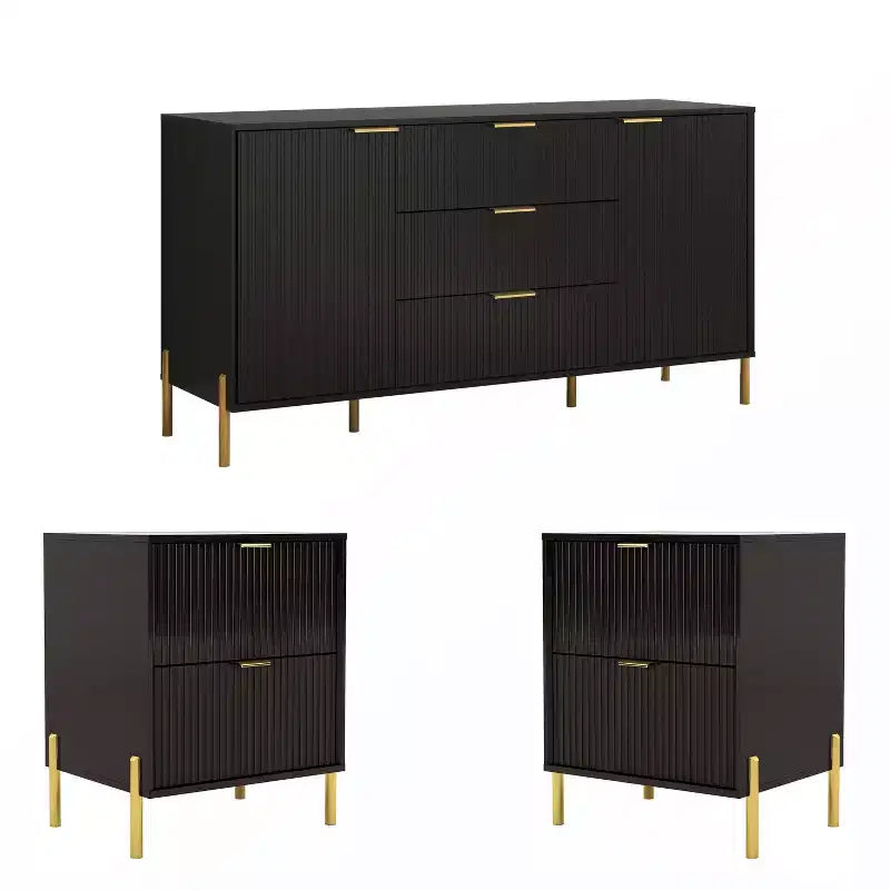 Festivo 3pc Modern Elegance 2 Drawer Nightstands and 3 Drawer Dresser Set Black