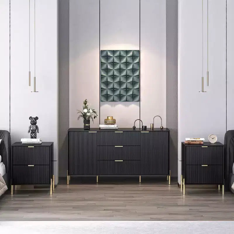 Festivo Ensemble de 2 tables de chevet à 2 tiroirs et d'une commode à 3 tiroirs, style moderne et élégant, couleur noire