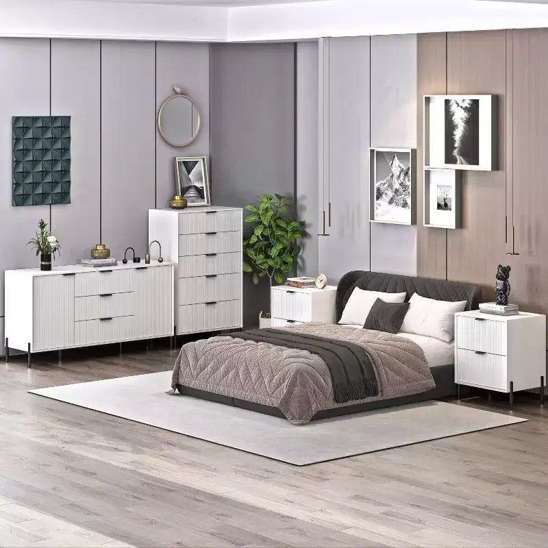 Festivo Ensemble Moderne de Chambre Élegante 4 pièces avec Commode, Coiffeuse et 2 Tables de Chevet Blanc cassé