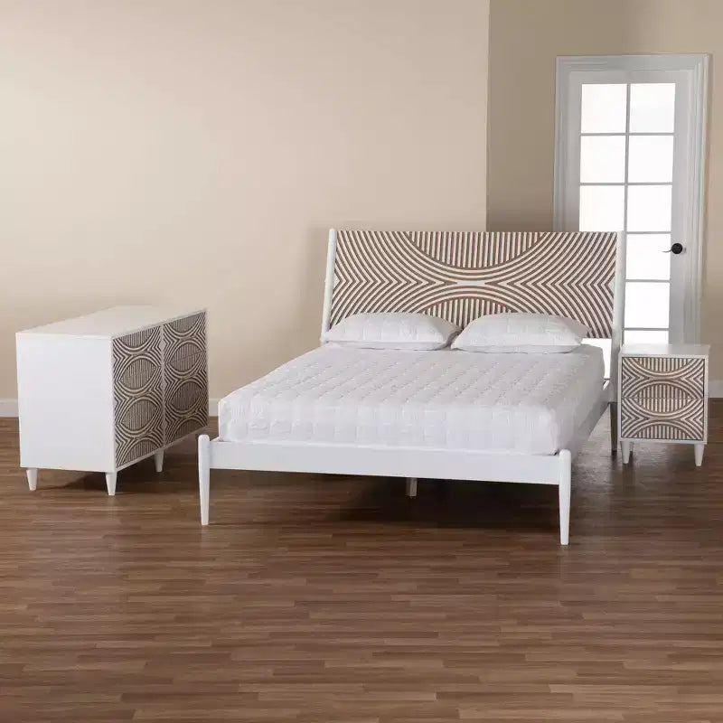 Ensemble de chambre à coucher 3 pièces Baxton Studio Queen Louetta sculpté contrastant blanc/marron naturel