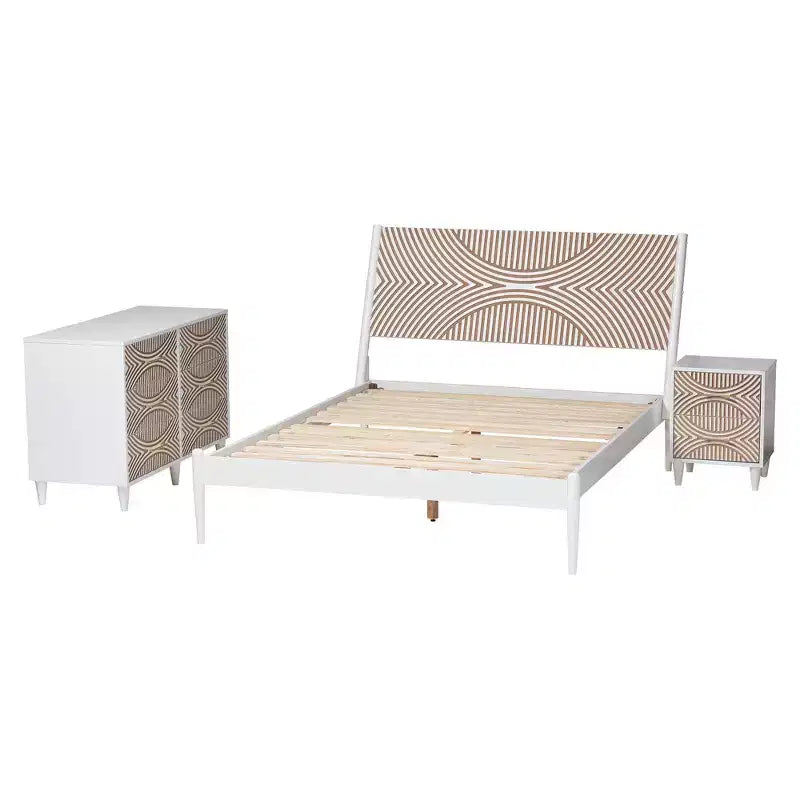 Ensemble de chambre à coucher 3 pièces Baxton Studio Queen Louetta sculpté contrastant blanc/marron naturel