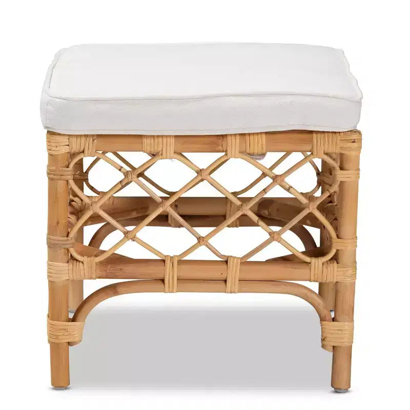 Pouf en tissu et rotin blanc/naturel : assise confortable, aucun assemblage requis