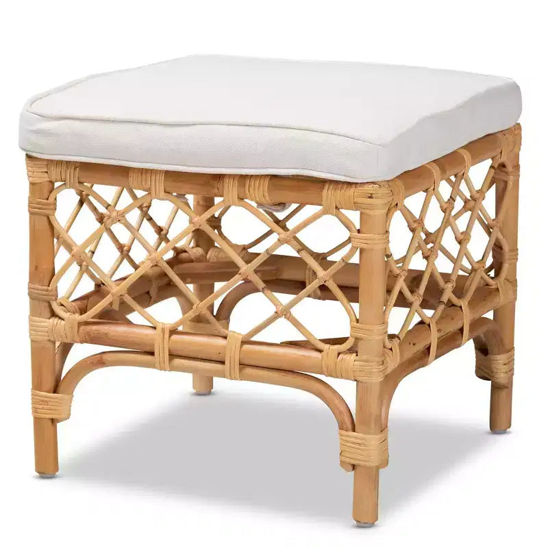 Pouf en tissu et rotin blanc/naturel : assise confortable, aucun assemblage requis
