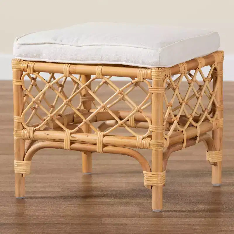 Pouf en tissu et rotin blanc/naturel : assise confortable, aucun assemblage requis
