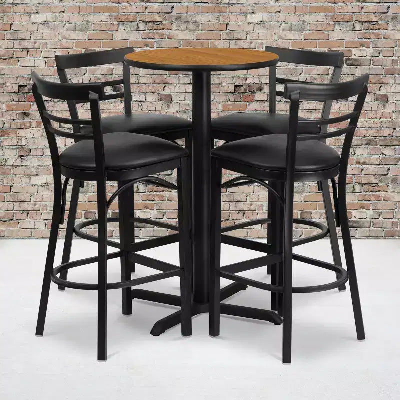 Ensemble table ronde stratifiée 24 pouces Flash Furniture avec piètement en X et 4 tabourets de bar en métal à dossier échelle à deux lattes
