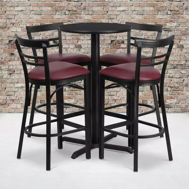 Ensemble table ronde stratifiée 24 pouces Flash Furniture avec piètement en X et 4 tabourets de bar en métal à dossier échelle à deux lattes