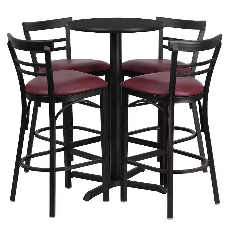 Ensemble table ronde stratifiée 24 pouces Flash Furniture avec piètement en X et 4 tabourets de bar en métal à dossier échelle à deux lattes