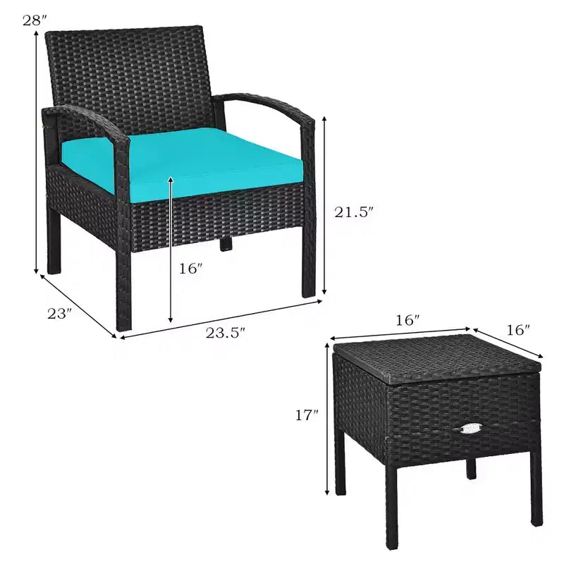 Costway Ensemble de Meubles de Jardin en Rotin 3 Pièces Table de Rangement Canapé Rembourré Terrasse Rouge/Turquoise/Blanc