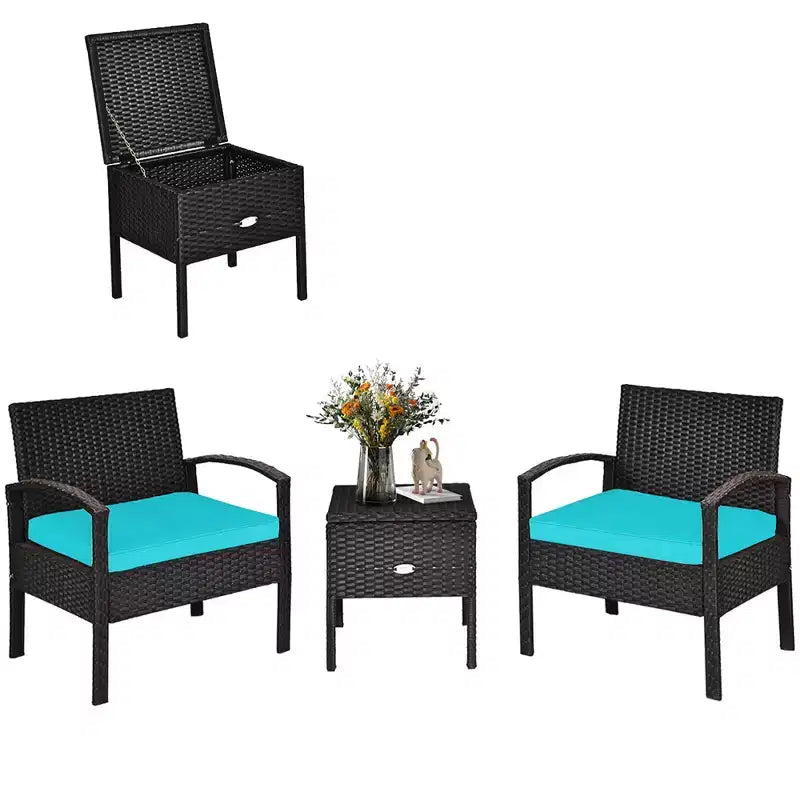 Costway Ensemble de Meubles de Jardin en Rotin 3 Pièces Table de Rangement Canapé Rembourré Terrasse Rouge/Turquoise/Blanc