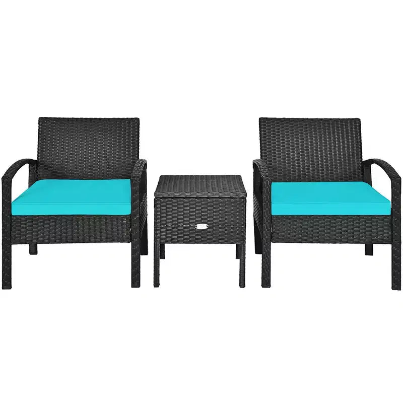 Costway Ensemble de Meubles de Jardin en Rotin 3 Pièces Table de Rangement Canapé Rembourré Terrasse Rouge/Turquoise/Blanc