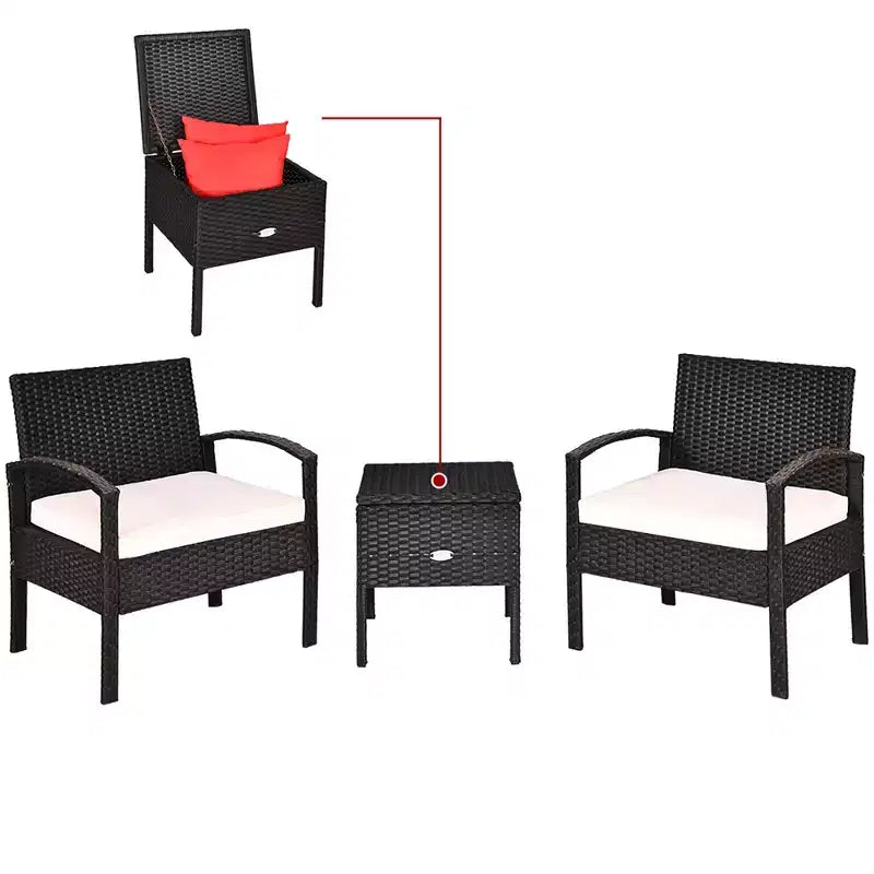 Costway Ensemble de Meubles de Jardin en Rotin 3 Pièces Table de Rangement Canapé Rembourré Terrasse Rouge/Turquoise/Blanc