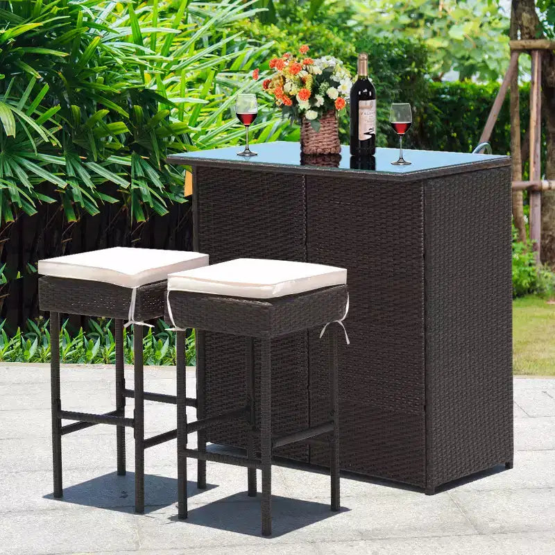 Costway Ensemble Table et 2 Tabourets de Bar en Rotin pour Patio, Chaises Rembourrées pour Jardin