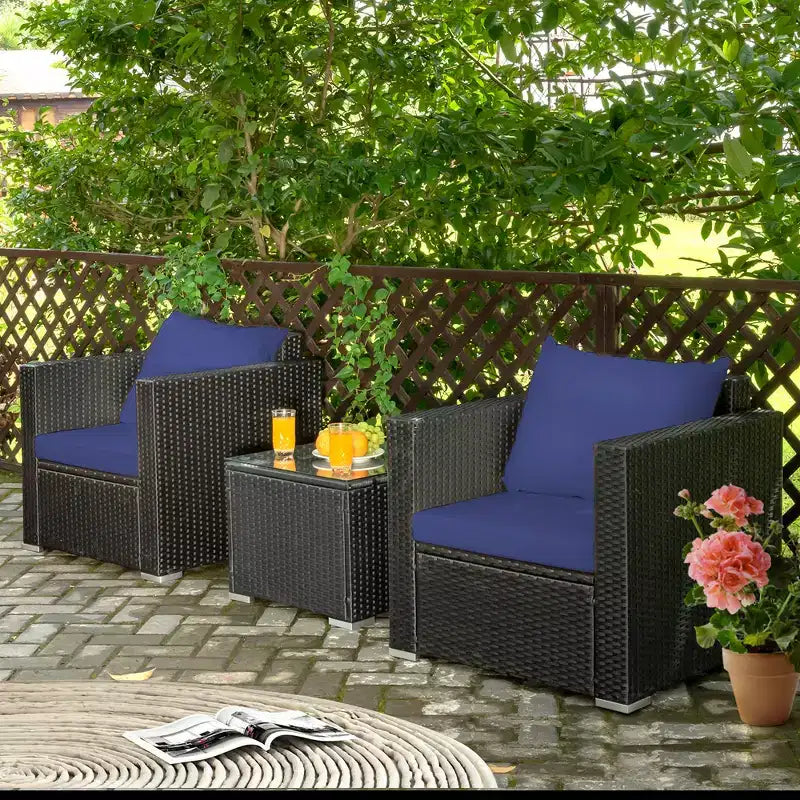 Costway Ensemble de Meubles de Jardin en Rotin 3 pièces Table Basse avec Coussins Rouge\Turquoise\Bleu Marine\Noir