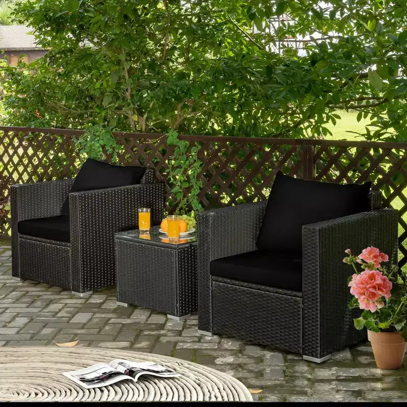 Costway Ensemble de Meubles de Jardin en Rotin 3 pièces Table Basse avec Coussins Rouge\Turquoise\Bleu Marine\Noir