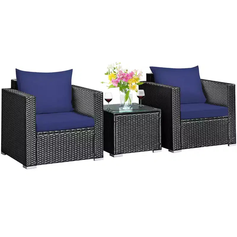 Costway Ensemble de Meubles de Jardin en Rotin 3 pièces Table Basse avec Coussins Rouge\Turquoise\Bleu Marine\Noir