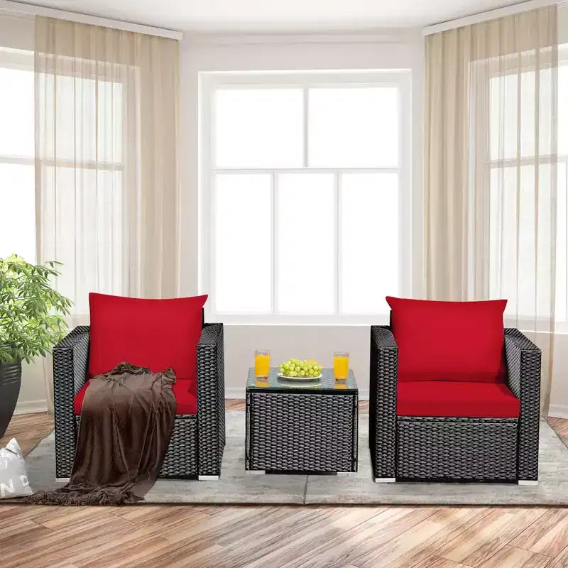 Costway Ensemble de Meubles de Jardin en Rotin 3 pièces Table Basse avec Coussins Rouge\Turquoise\Bleu Marine\Noir