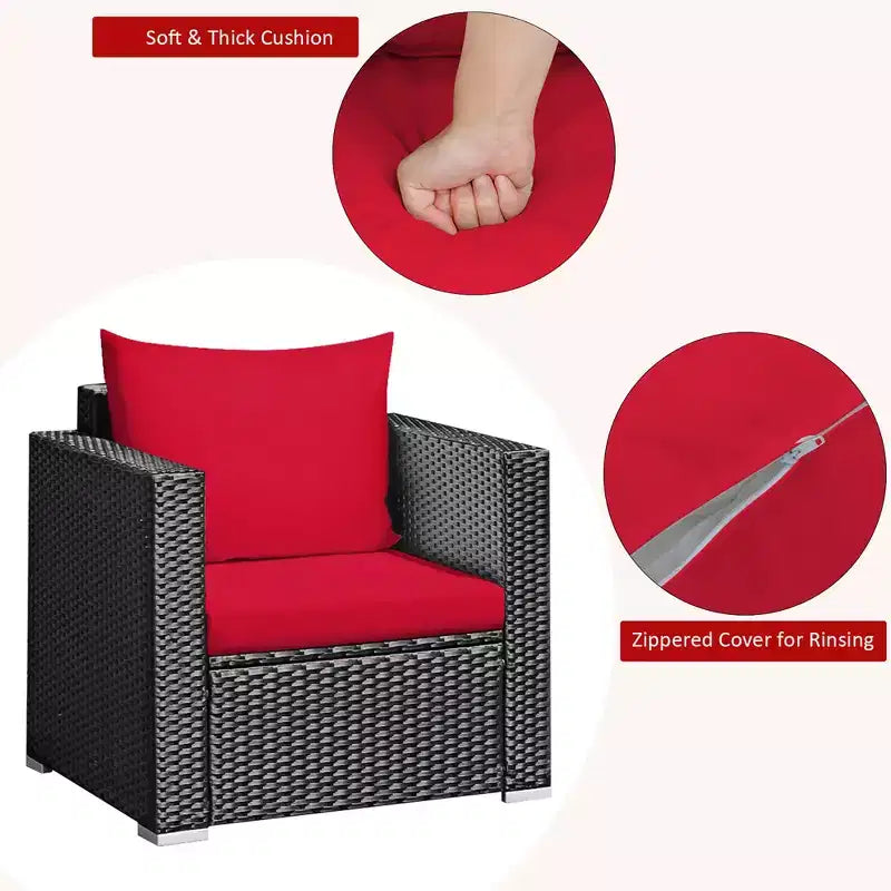 Costway Ensemble de Meubles de Jardin en Rotin 3 pièces Table Basse avec Coussins Rouge\Turquoise\Bleu Marine\Noir
