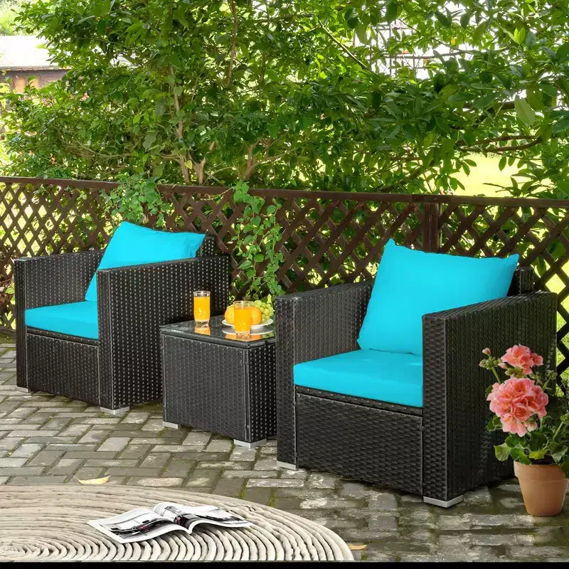 Costway Ensemble de Meubles de Jardin en Rotin 3 pièces Table Basse avec Coussins Rouge\Turquoise\Bleu Marine\Noir
