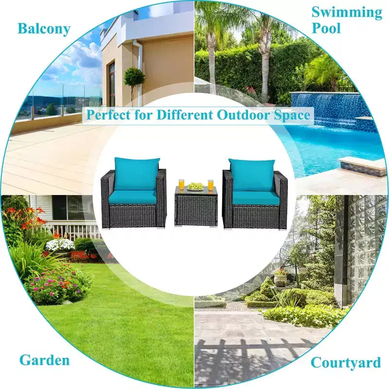 Costway Ensemble de Meubles de Jardin en Rotin 3 pièces Table Basse avec Coussins Rouge\Turquoise\Bleu Marine\Noir