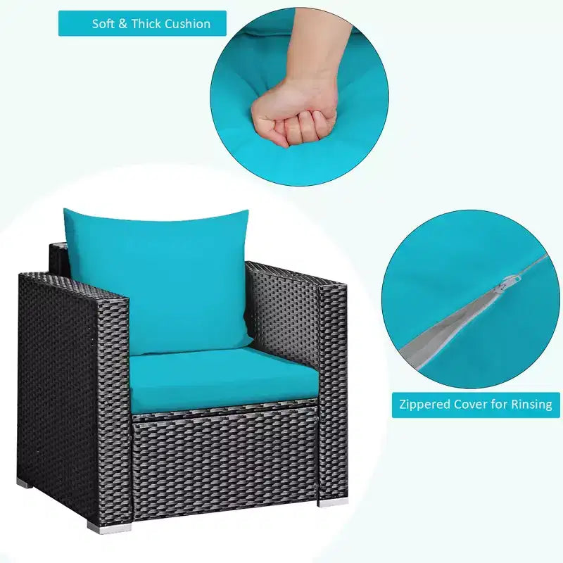 Costway Ensemble de Meubles de Jardin en Rotin 3 pièces Table Basse avec Coussins Rouge\Turquoise\Bleu Marine\Noir