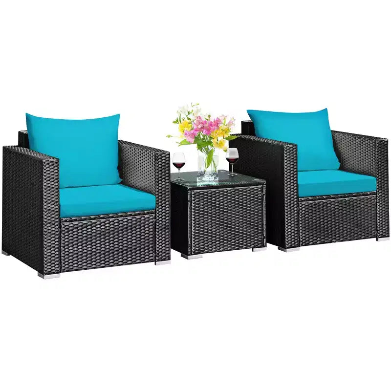 Costway Ensemble de Meubles de Jardin en Rotin 3 pièces Table Basse avec Coussins Rouge\Turquoise\Bleu Marine\Noir